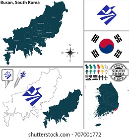 Vector map of Busan - Metropolitan City with flags and location on South Korean map