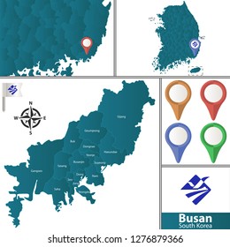 Vector map of Busan with named districts, pins icons and locations on South Korean map