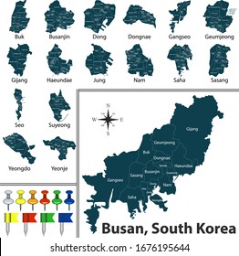 Vector map of Busan, South Korea, with districts maps and icons