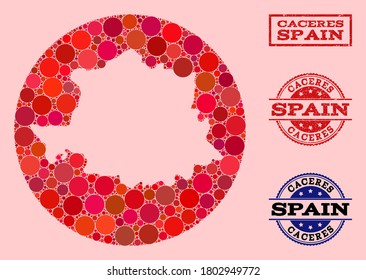 Vector map of Caceres Province collage of round items and red watermark seal. Hole circle map of Caceres Province collage composed with circles in different sizes, and red color tones.