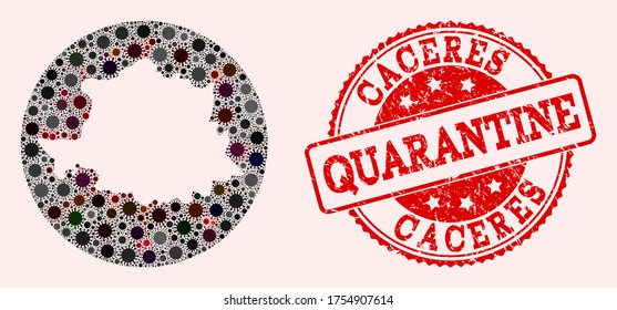 Vector map of Caceres Province mosaic of coronavirus and red grunge quarantine stamp. Infection cells around the isolated territory from external zone.