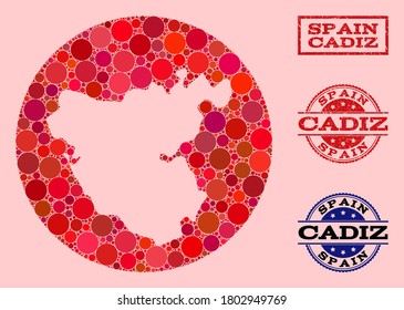 Mapa vectorial de la provincia de Cádiz de puntos esféricos y sello de la marca de agua roja. Mapa de círculo de hoyos de la provincia de Cádiz compuesto por círculos de tamaños variables y tintes de color rojo.