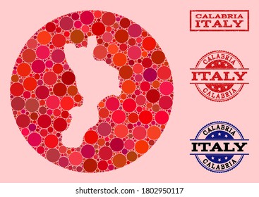 Vector map of Calabria region collage of round elements and red scratched stamp. Hole round map of Calabria region collage created with circles in various sizes, and red color tones.