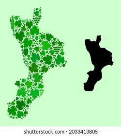 Mapa vectorial de la región de Calabria. Mosaico de hojas verdes de uva, botellas de vino. Mapa del mosaico de la región de Calabria formado con botellas, uvas, hojas verdes.