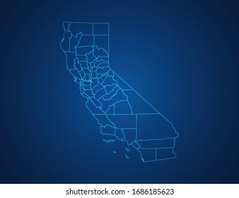 Vector Map Of California Abstract Blue Line Scales On Dark Background.