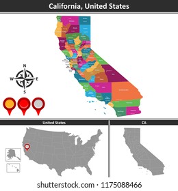 Vector map of California  with counties and location on US map