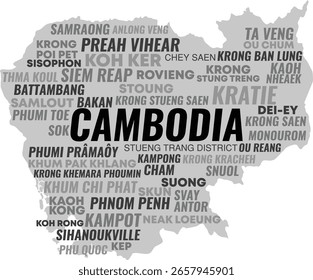 Mapa vetorial do Camboja com cidades e pontos turísticos - Tipografia em preto e branco