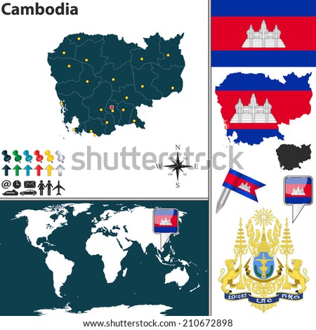 Vector map of Cambodia with coat of arms and location on world map