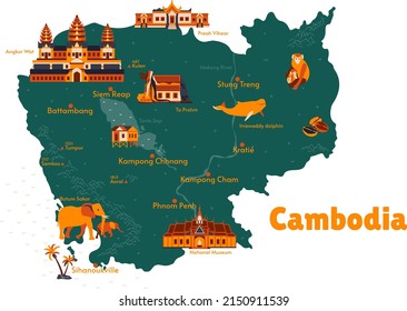 Vector map of Cambodia. Sights. Attraction. Historical places. Tourism. Cities. Guide. Asia. Mountains. Angkor Wat. Ta Prohm. Preah Vihear. Irrawaddy dolphin. Phnom Penh. Siem Reap. Mekong.