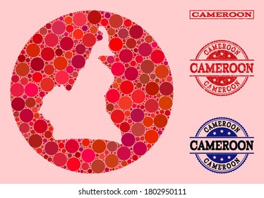 Vector map of Cameroon mosaic of round items and red grunge seal. Stencil circle map of Cameroon collage composed with circles in variable sizes, and red color tones.