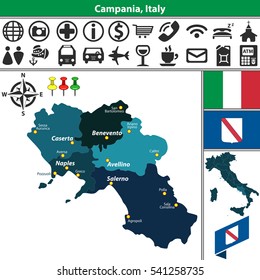 Vector map of Campania with regions and location on Italy map