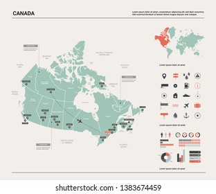 Vector map of Canada. High detailed country map with division, cities and capital Ottawa. Political map,  world map, infographic elements. 