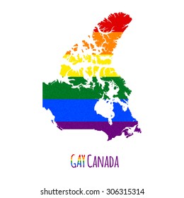 Vector map of Canada in LGBT (lesbian, gay, bisexual, and transgender) flag colors and GAY Canada caption on white background. Rainbow flag with denim textile texture.
