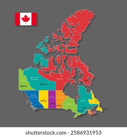 Vector map of Canada with names of cities and with borders city