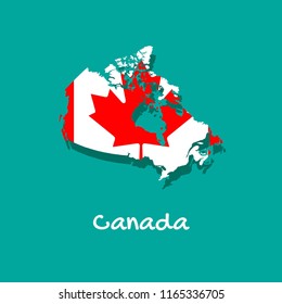 Vector map of Canada painted in the colors of the flag. The country's borders with shadow. Isolated vector illustration.