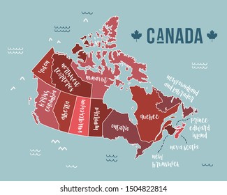 Vector map of Canada. Poster map design with hand lettered names of provinces and territories for wall decoration, print or travel guide