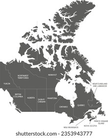Vector map of Canada with provinces and territories and administrative divisions. Editable and clearly labeled layers.