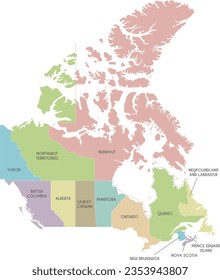 Vector map of Canada with provinces and territories and administrative divisions. Editable and clearly labeled layers.