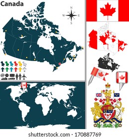 Vector map of Canada with regions, coat of arms and location on world map