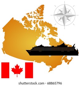 Vector map of  Canada  with a silhouette of the ship and the flag