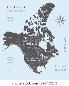 mapa vectorial del Canadá, los Estados Unidos y México con fronteras y capitales de los Estados