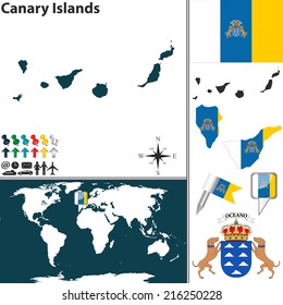 Vector map of Canary Islands with coat of arms and location on world map