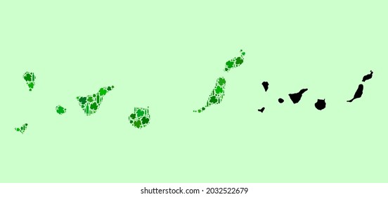 Vector Map of Canary Islands. Combination of green grape leaves, wine bottles. Map of Canary Islands mosaic composed from bottles, grapes, green leaves.