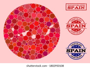 Mapa vectorial de mosaico de manchas esféricas y sello de sellado grunge rojo en Canarias. Mapa del círculo de la resta de las Islas Canarias diseñado con círculos de varios tamaños y tintes de color rojo.