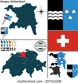 Vector map of canton Aargau with coat of arms and location on Switzerland map