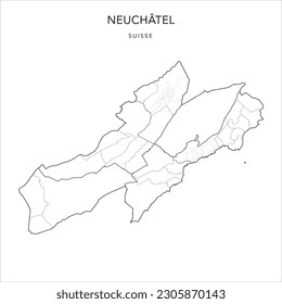 Vector Map of the Canton of Neuchâtel with the Administrative Borders of Regions, Former Districts, Municipalities (Communes) and Neuchâtel and La Chaux-de-Fonds Quarters as of 2023 - Switzerland