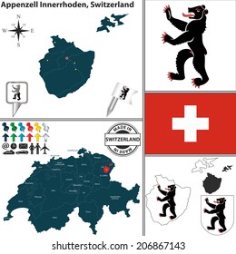 Vector map of canton Appenzell Innerrhoden with coat of arms and location on Switzerland map