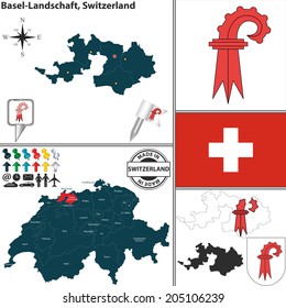 Vector map of canton Basel-Landschaft with coat of arms and location on Switzerland map