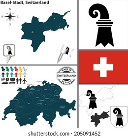 Vector map of canton Basel-Stadt with coat of arms and location on Switzerland map