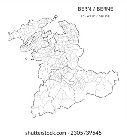 Mapa vectorial del cantón de Berna o Berna con fronteras de las regiones administrativas, distritos, municipios (municipios de Gemeinde) y barrios urbanos de Berna, Köniz y Thun a partir de 2023 - Suiza