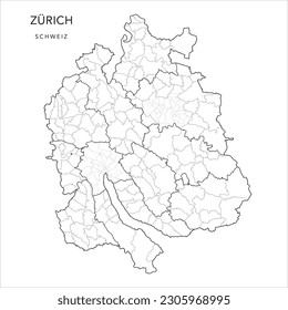 Vektorkarte des Kantons Zürich mit den Bezirksgrenzen (Bezirke), Stadtgemeinden (Gemeinde), Stadtbezirken (Kreise) und Vierteln Zürich und Winterthur ab 2023 - Schweiz (Schweiz)