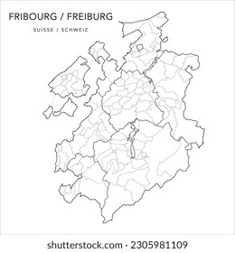 Vector Map of the Canton of Fribourg (Freiburg) with the Administrative borders of Districts (Bezirke), Municipalities (Gemeinde or Communes) and Quarters of Fribourg as of 2023 - Switzerland