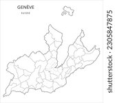 Vector Map of the Canton of Geneva (Genève) with the Administrative Borders of Municipalities (Communes) and the Quarters (Quartiers) and Urban Districts (Sections) of Geneva as of 2023 - Switzerland