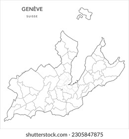 Vector Map of the Canton of Geneva (Genève) with the Administrative Borders of Municipalities (Communes) and the Quarters (Quartiers) and Urban Districts (Sections) of Geneva as of 2023 - Switzerland