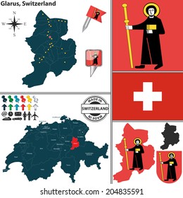 Vector map of canton Glarus with coat of arms and location on Switzerland map