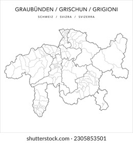 Vector Map of the Canton of the Grisons (Graubünden - Grischun - Grigioni) with the Administrative Borders of Regions, Municipalities and the Quarters of the City of Chur as of 2023 svg