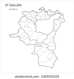 Vector Map of the Canton of St Gall (St. Gallen) with the Administrative Borders of Constituencies (Wahlkreise), Municipalities and Urban Districts and Quarters of St Gallen as of 2023 - Switzerland