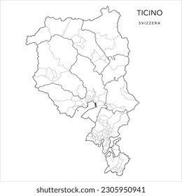 Vektorkarte des Kantons Tessin mit den Verwaltungsgrenzen der Distrikte (Distretti), Kommunen (Comuni) und Vierteln (Quartieri) und Kreisen (Circoli) von Lugano ab 2023 - Schweiz