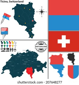 Vector map of canton Ticino with coat of arms and location on Switzerland map