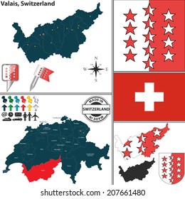 Vector map of canton Valais with coat of arms and location on Switzerland map