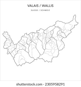 Vector Map of the Canton of Valais (Wallis) with the Administrative Borders of Districts (Bezirke) and  Municipalities (Communes Gemeinde) as of 2023 - Switzerland (Suisse Schweiz)