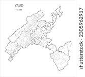 Vector Map of the Canton of Vaud with the Administrative Borders of Districts, Municipalities (Communes) and the Quarters (Quartiers) of Lausanne as of 2023 - Switzerland (Suisse)