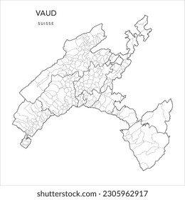 Vector Map of the Canton of Vaud with the Administrative Borders of Districts, Municipalities (Communes) and the Quarters (Quartiers) of Lausanne as of 2023 - Switzerland (Suisse)