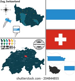 Vector map of canton Zug with coat of arms and location on Switzerland map