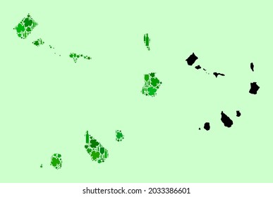Vector Map of Cape Verde Islands. Mosaic of green grape leaves, wine bottles. Map of Cape Verde Islands collage formed with bottles, grapes, green leaves.