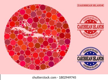 Vector map of Caribbean Islands mosaic of circle elements and red watermark seal stamp. Hole circle map of Caribbean Islands collage composed with circles in various sizes, and red color tints.
